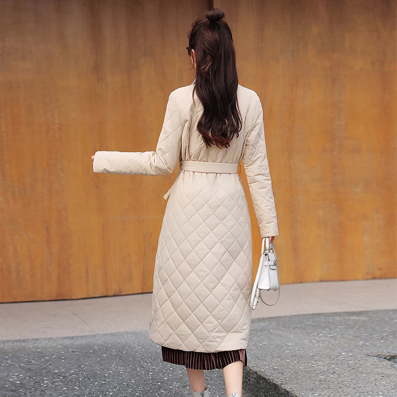 Woman Jacket Parkas X-long Belted Space Cotton 2021 New Diamond Plaid Coat Down Women's Over The Knee Winter Clothing Warm Coats