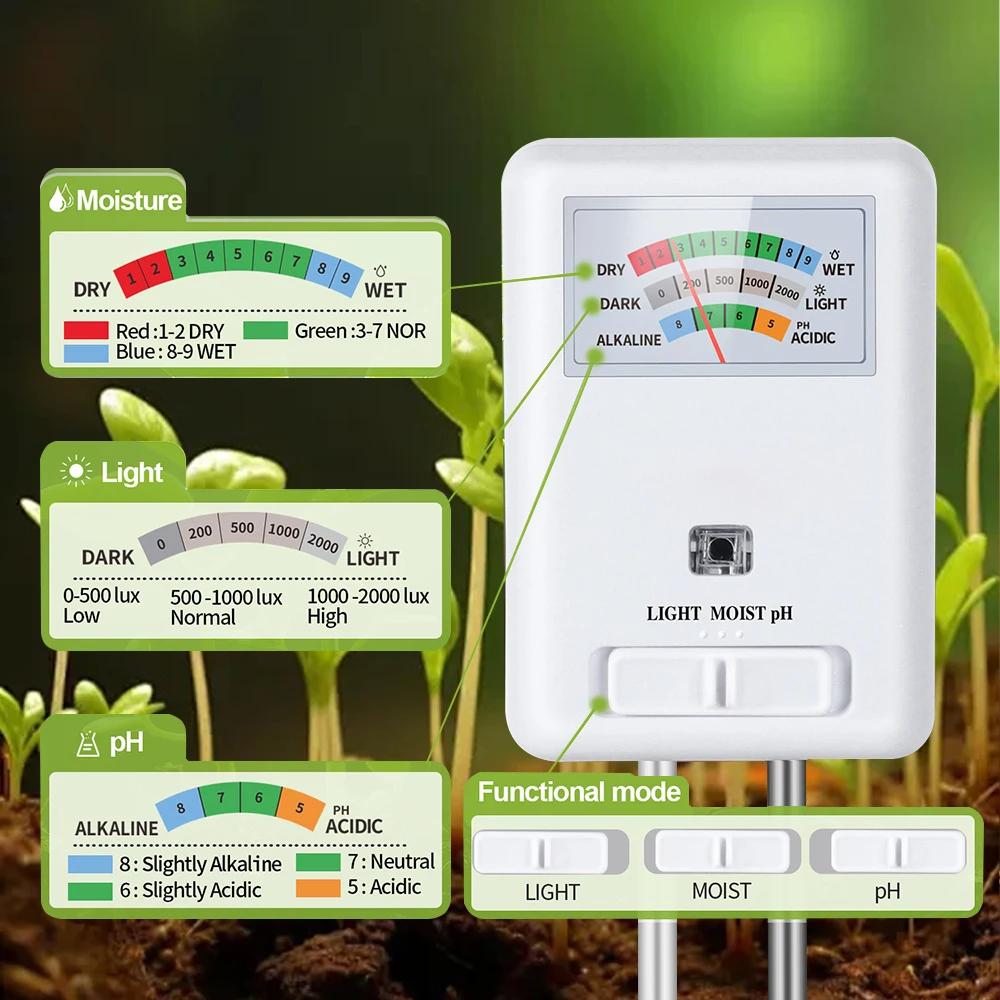 miernik wilgotności gleby 3 w 1 Tester światła i PH dla roślin domowych na zewnątrz ogrodzie trawnik farmy