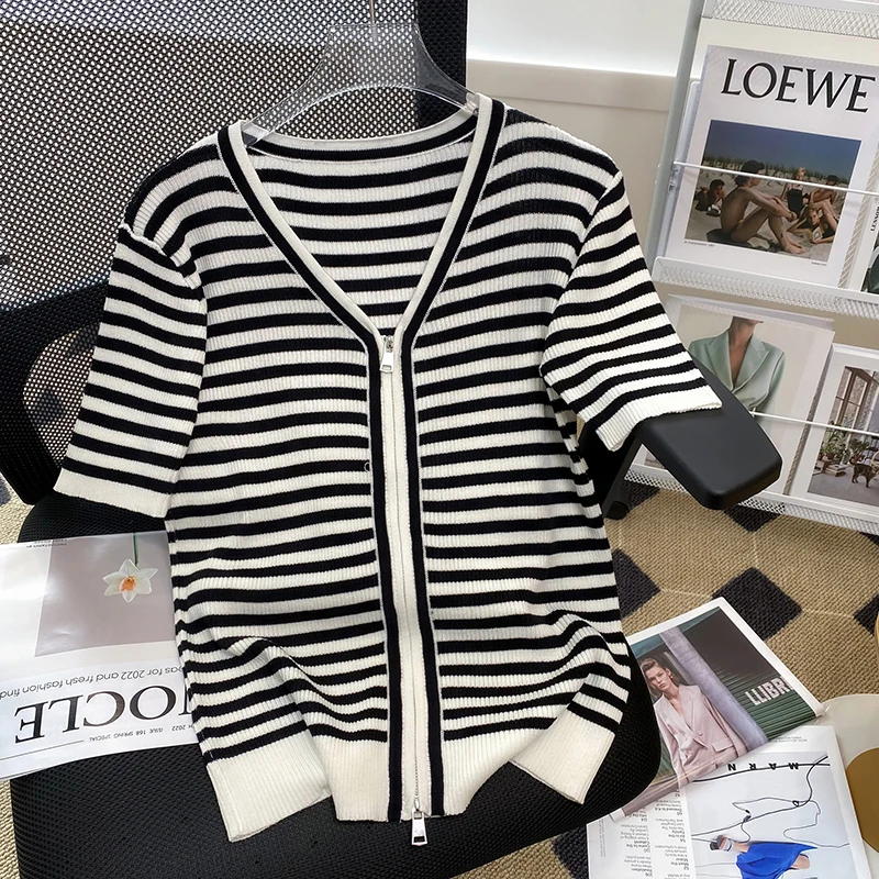 

Oversized New Fashion Loose Striped zipper V-neck Knitted Cardigan Women's Casual Single-breasted thin Sweater Female 2022