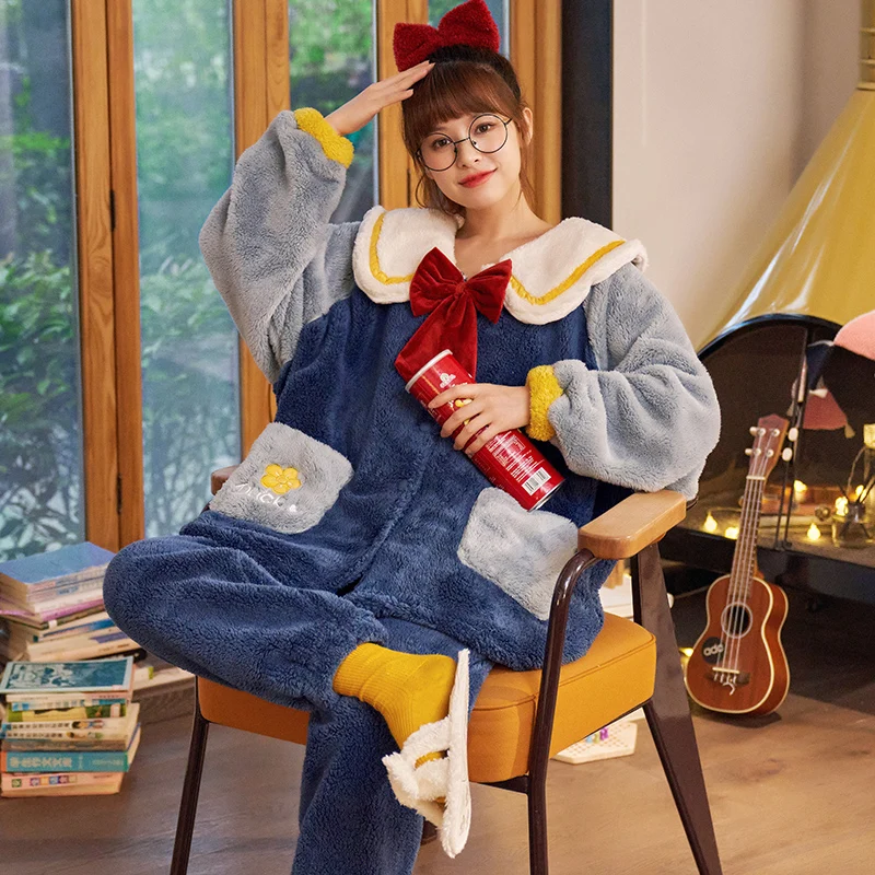 Winter Pajamas Keep Warm Princess Style Plus Size Loose Version Coral Fleece Inspissate Nighty Women Sleepwear Pajama Set