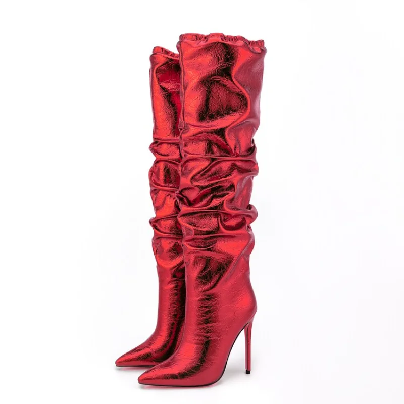 

2023 Metal Leather Knee High Boots 35-47 Elastic Pointed High Heels Silver Women Boots 12cm Slim Heel Fashion Performance Boots