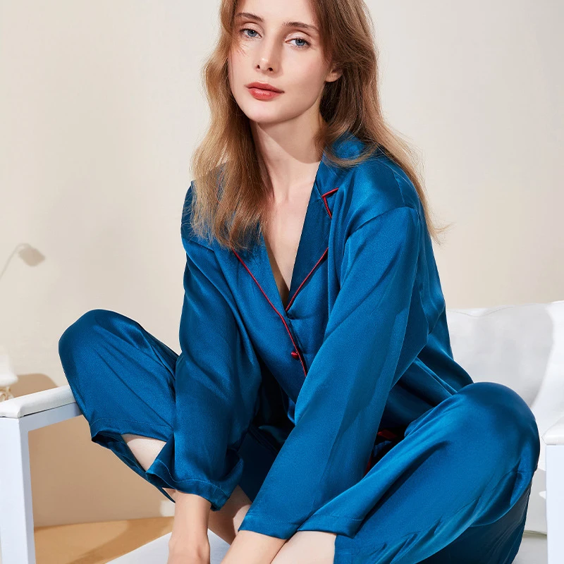 2023 NEW Summer 19mm 100%Silk Pajamas Set Women Silk Homewear Cardigan Sleepwear Red Blue High Quality Clothing