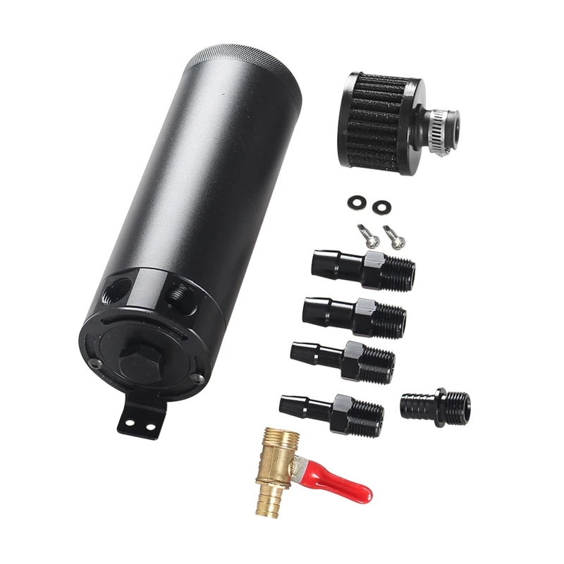 

Universal Oil Air Catch Can Baffled Reservoir Tank Drain Valve Air-Oil Separator 2 Ports Plug+Fittings+Filter Aluminum