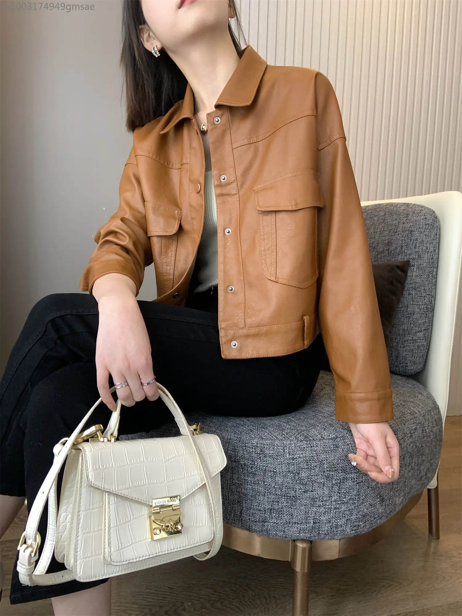 brown short women leather top girl slim Vintage short high lapel pocket leather jacket jacket women