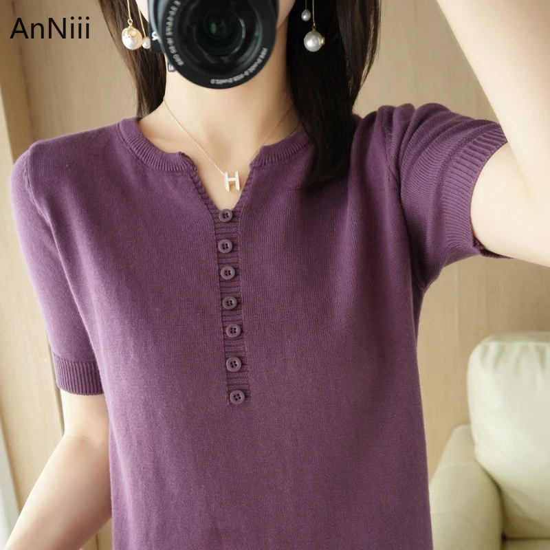 

Пуловер женский однотонный с V-образным вырезом, свободный фиолетовый свитер, рубашка с коротким рукавом до локтя, вязаный Топ для девушек, н...