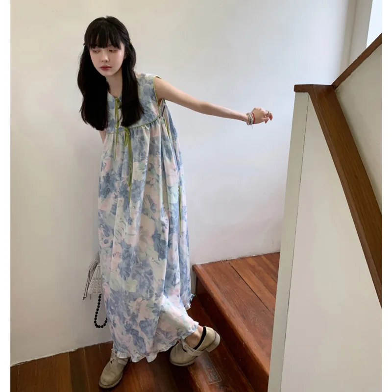 

Винтажное модное женское платье-жилет с принтом, свободное летнее милое платье с цветочным рисунком, повседневные женские платья в стиле Ха...