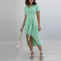 2022 womens new dresses casual green pit strip wrap tie dress