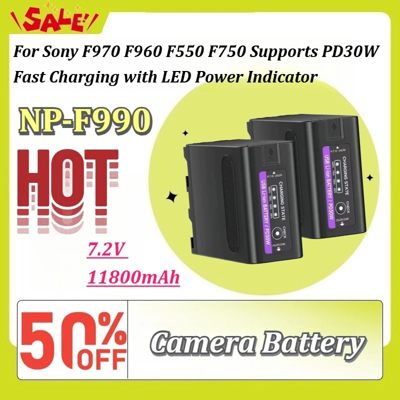 Фото Аккумулятор для камеры 7.2V 11800mAh NP-F990 Type-C для Sony F970 F960 F550 F750 с поддержкой быстрой зарядки PD30W и LED-индикатором заряда №1