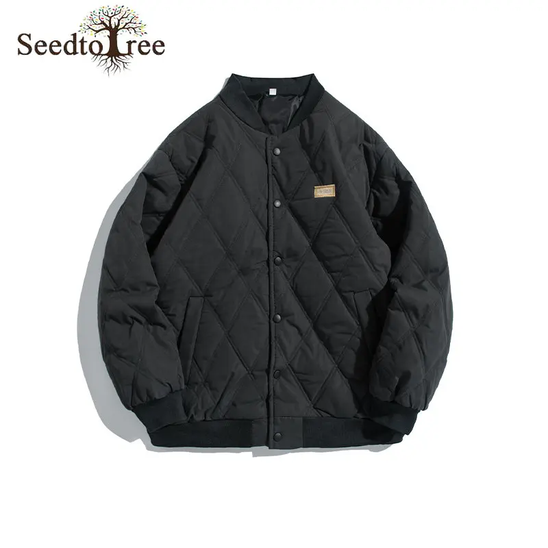 Winter Casual Men's Parkas Solid Color Diamond Long Sleeve Single Breasted Thick Jacket