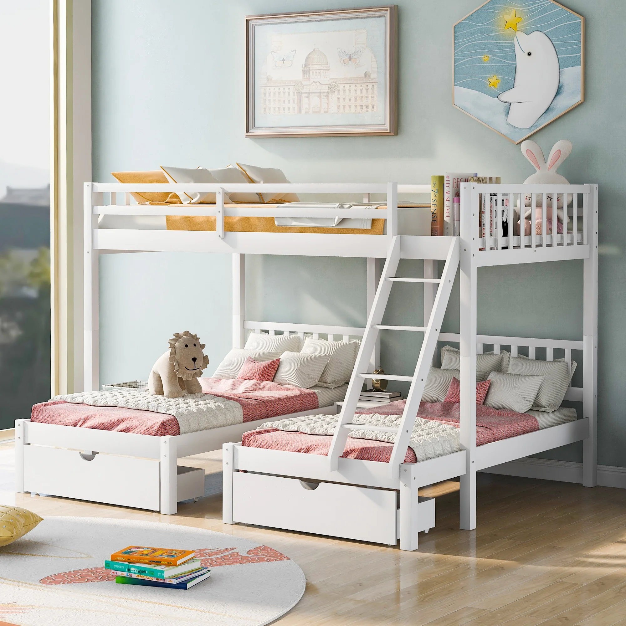 

Full Over Twin & Twin Bunk Bed, Wood Triple Bunk Bed with Drawers and Guardrails (White)