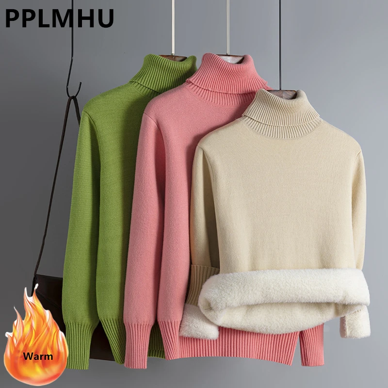 

2022 New Winter Turtleneck Sweater Women Slim Plus Velvet Thicken Warm Knit Pullover Korean Elegant Soft Knitwear Bottomed Tops