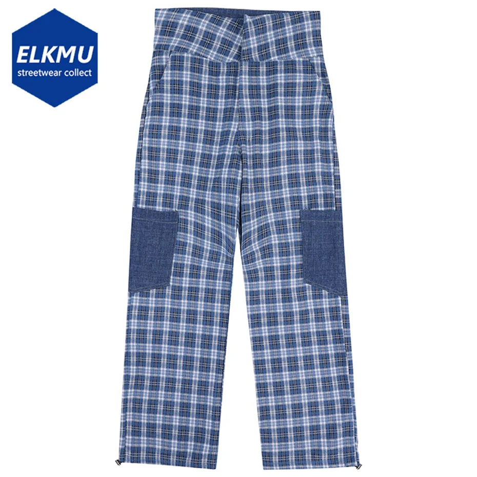 

High Waist Plaid Jeans Side Pockets Fashion Streetwear Blue Denim Pants Men Harajuku Hip Hop Jeans