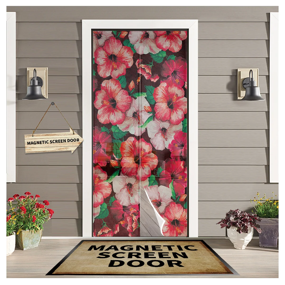 

Red Hibiscus Flower Watercolor Magnetic Door Curtain Living Room Bedroom Home Anti-mosquito Screen Door Curtain