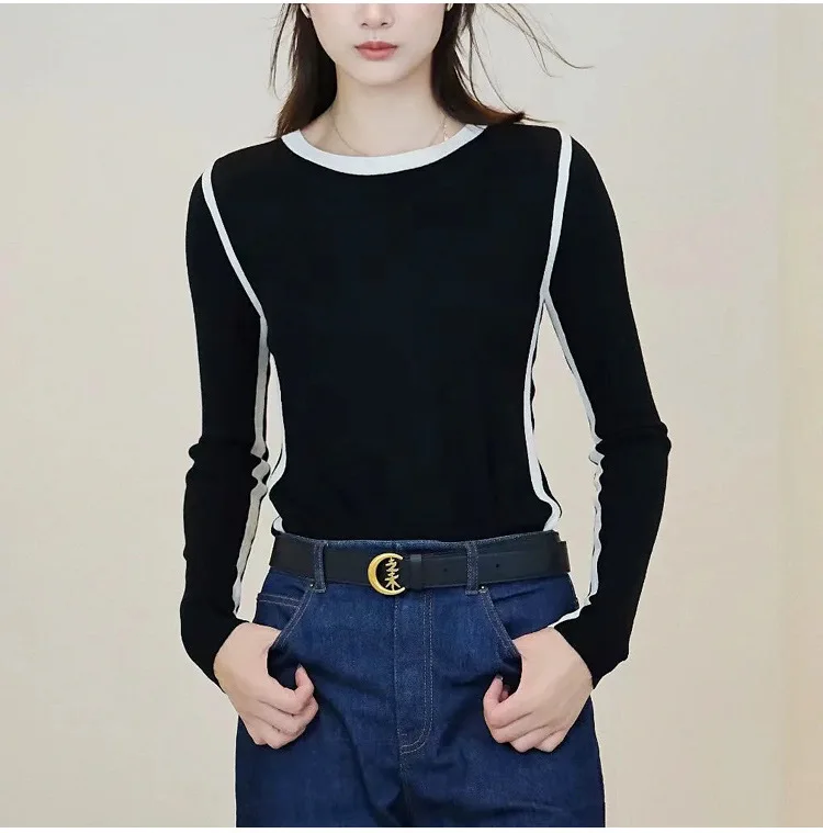 

Женский вязаный пуловер с круглым вырезом и длинными рукавами из ультратонкой мериносовой шерсти, облегающий базовый свитер, подбор цвета, осень, Новинка