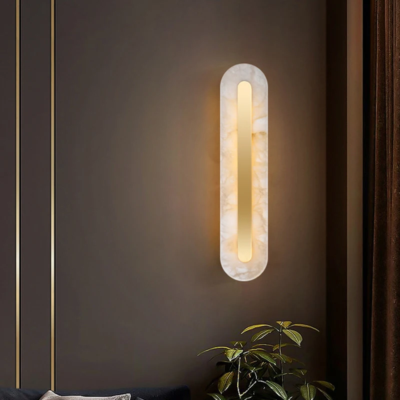 

Новый китайский Простой настенный светильник из натурального мрамора, золота и меди, прикроватный фон, светодиодный светильник теплого бел...