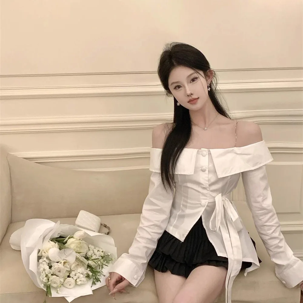 Рубашка женская с открытыми плечами пикантная блузка цепочкой и длинным рукавом