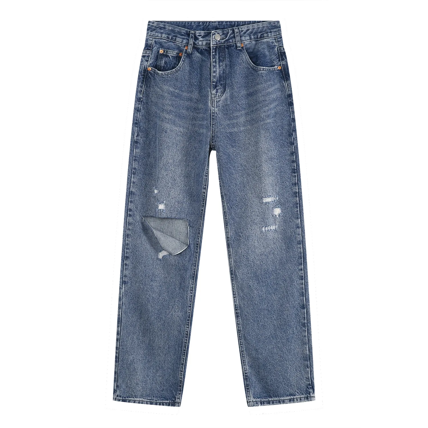 Four Seasons Men's Korean Style Personality Straight Hole Mid Waist Casual Men's Jeans Hip Hop Streetwear Jeans Denim Casual