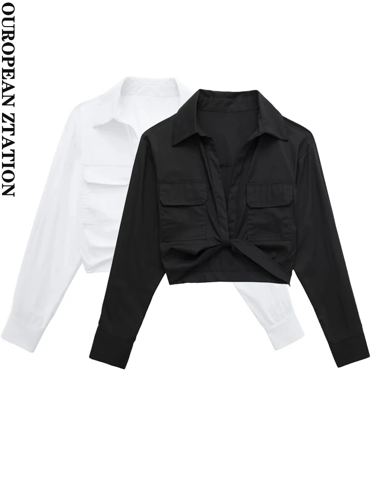 

PAILETE Женская мода 2022 с узелком передние карманы из поплина Блузы кроп винтажные женские рубашки с длинным рукавом и боковой молнией шикарные топы