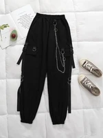 qweek punk women black cargo pants with chain gothic hippie joggers techwear loose high waist wide trousers female mall goth