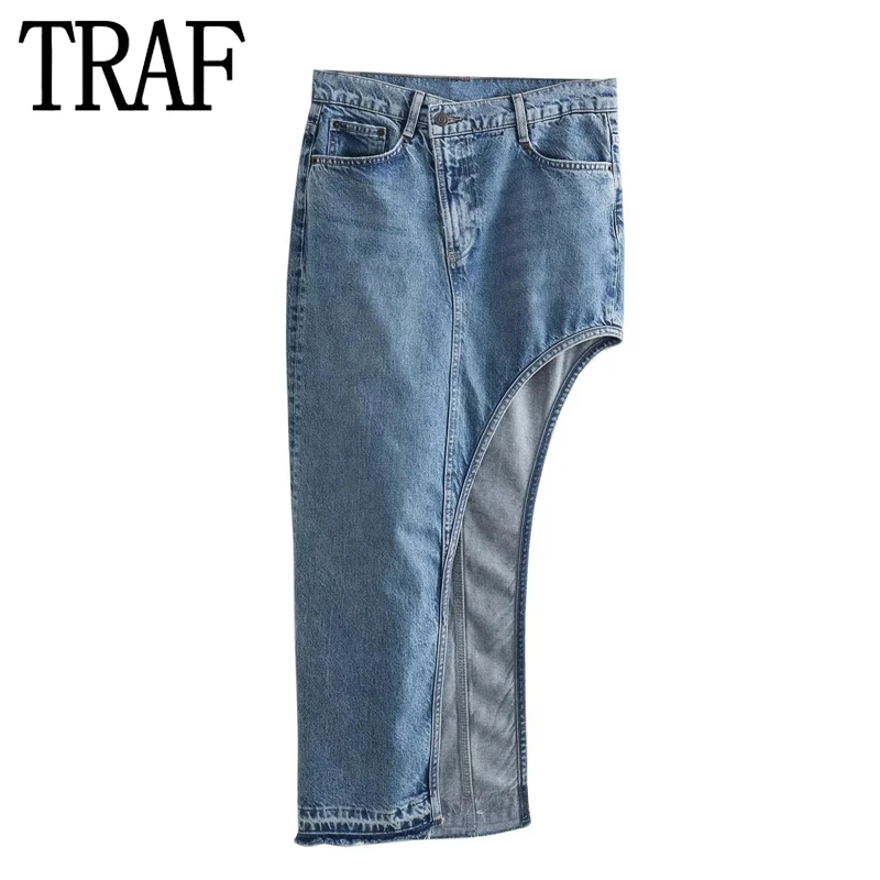 

TRAF Asymmetric Denim Skirt Woman Blue Midi Jean Skirt Y2k Streetwear Long Skirts For Women Fashion 2023 Cut Out Summer Skirts