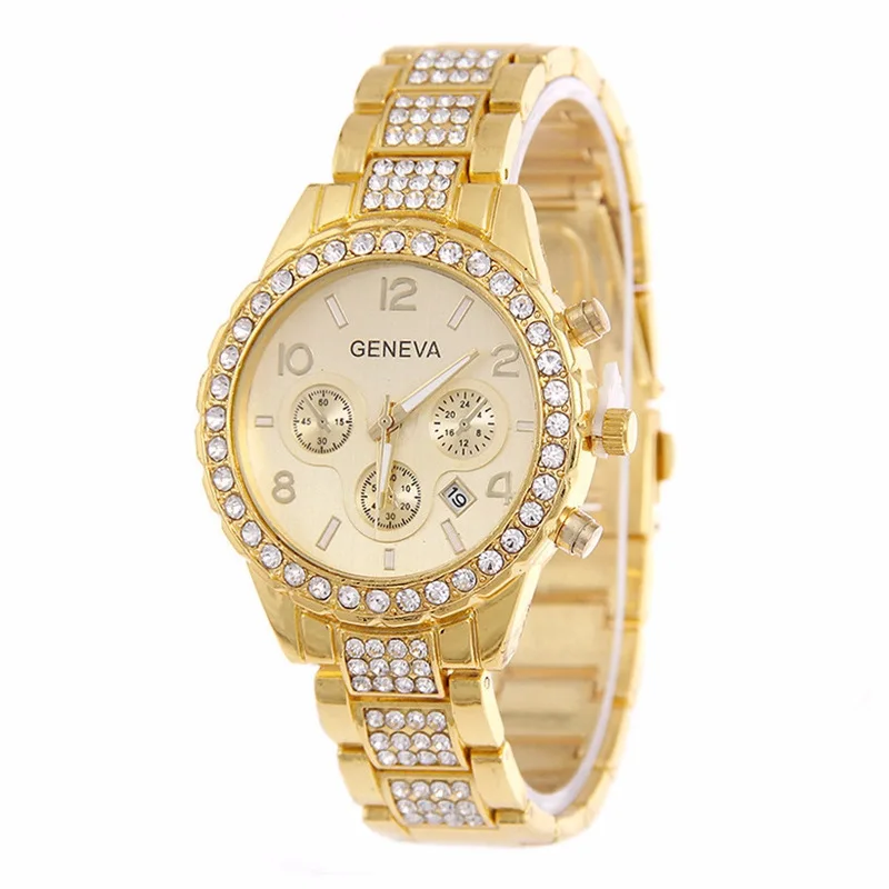 

Luxury Ladies Watch Geneva Gold Diamond Stainless Steel Strap Women Watches Three Eyes Calendar Dial Quartz Wristwatches Montre