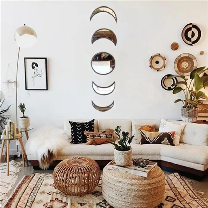 

5 PCS Wooden Acrylic Moon Wall Decorative Mirror Moon Cycle Variation Decorative Wall Mirror Creative Bohemian Mirror