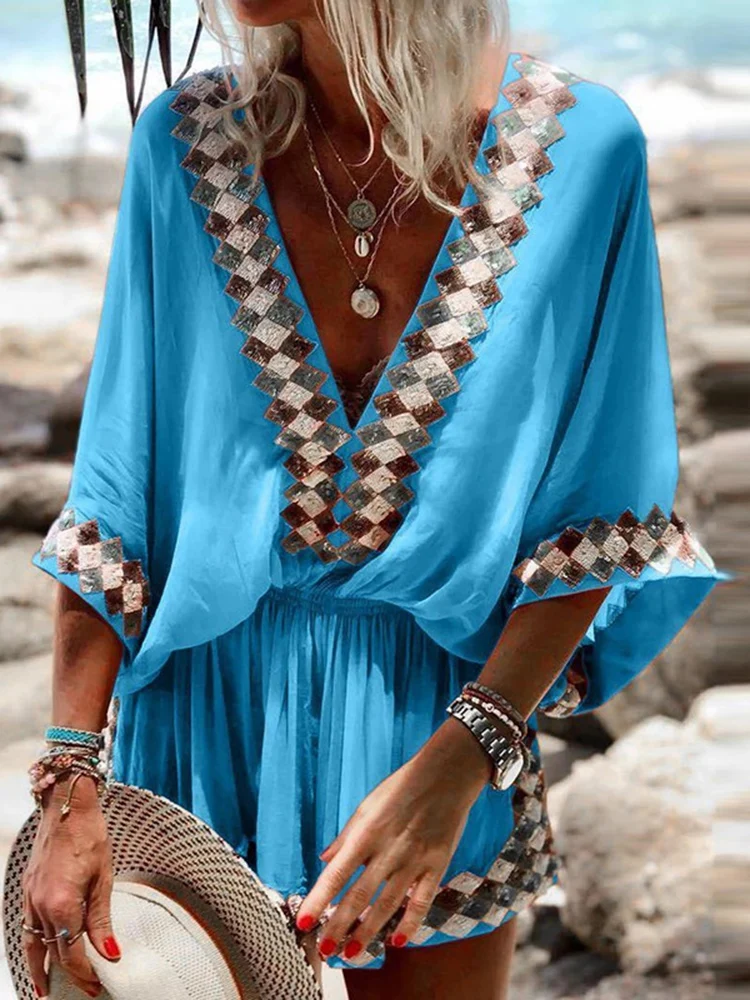Boho Print Women Wear Summer Deep V-Neck Ethnic Style Print Casual Jumpsuit Women Boho Raglan Sleeves Ladies Beach Jumpsuits