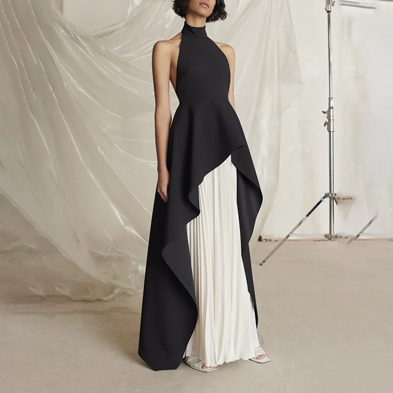 

KESHANGYI Fashion Luxury Pleated Wave Hem Long Dresses Women's New Contrast Color Fake Two Piece Party Evening Dress 2023 New