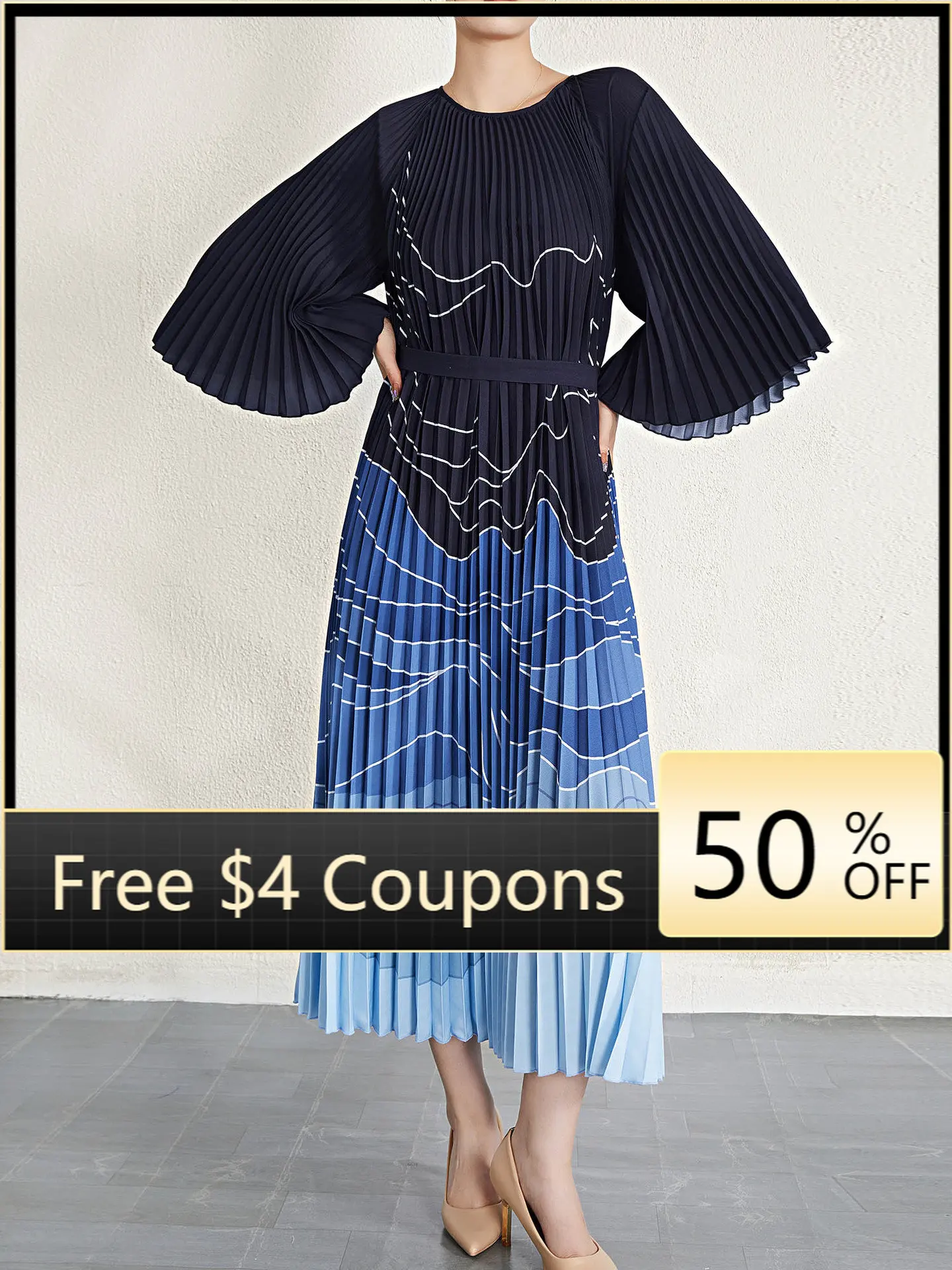 2023 new fashion long skirt Miyake pleats loose print accordion pleats long-sleeved dress women
