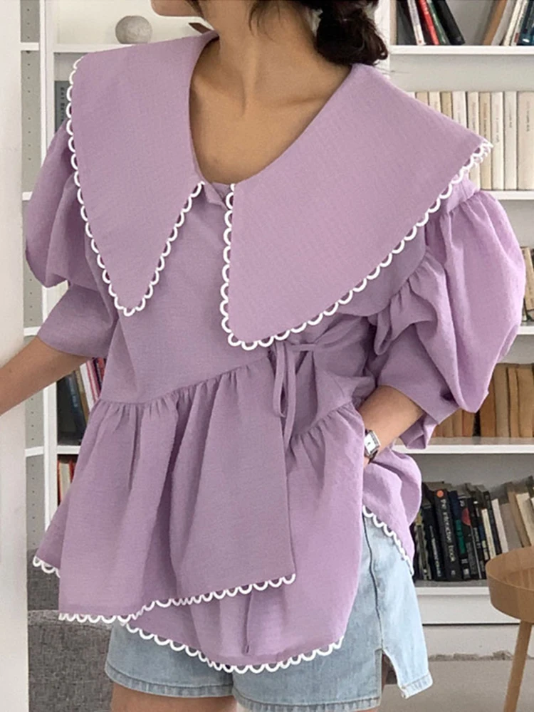 

Fashion Peter Pan Collar Patchwork Lace Sweet Shirt Asymmetrical Design Puff Sleeve Women Blouse 2022 Summer New B727