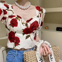 rose print womens shirt long sleeve top puff sleeve square neck bandage ladies elegant tunic top womens tops and blouses