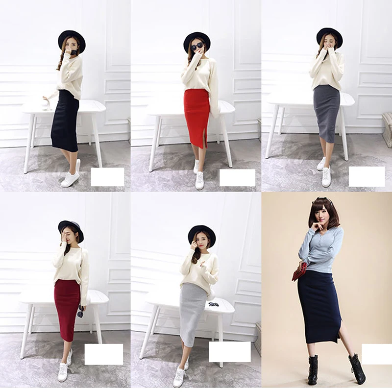 

Autumn Winter Bodycon Skirt Women Stretchable Split Skirt Mid Calf Slim Pencil Skirts For Women Female Knit Skirt
