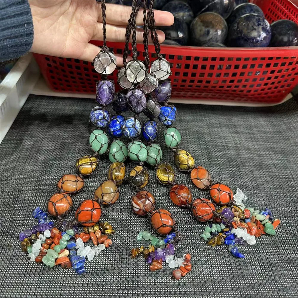 

Natural Crystal Stone Car Pendant 7 Chakra Tumbled Gemstone Tassel Hanging Ornament Stones Car Decor