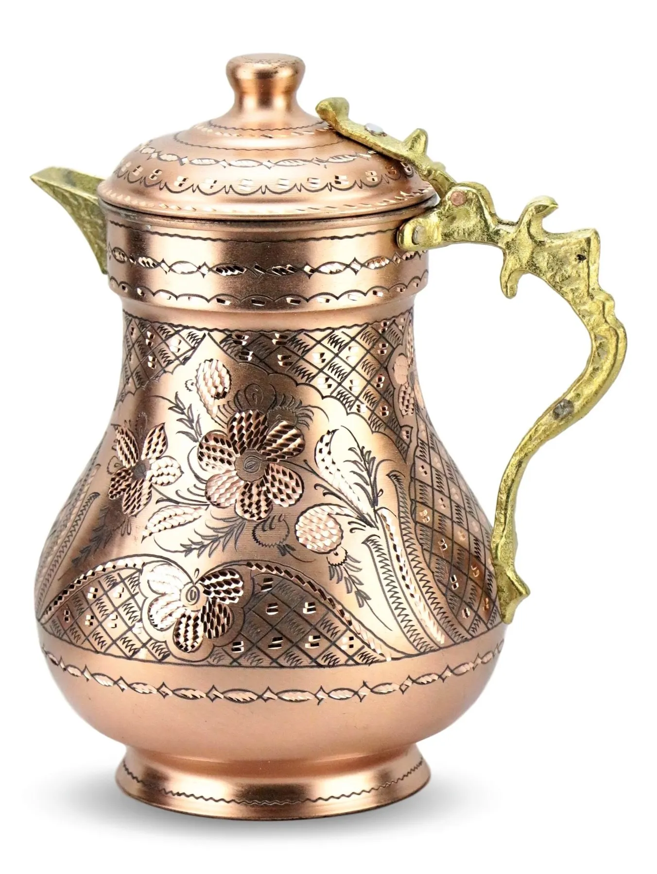 

Morya Copper Water Pitcher with Lid Beverage Carafe Elegant Decanter Handmade Jug Juice Vintage Style Buttermilk Drinkware Red 2L