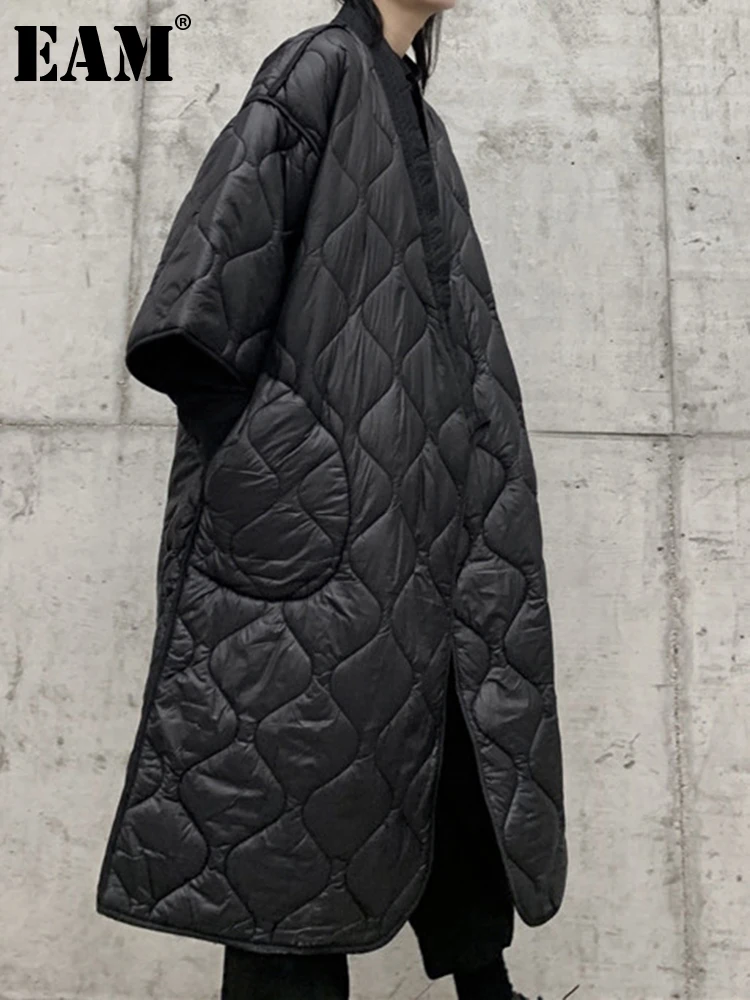 [EAM]  Black Bandage Big Size Cotton-padded Coat Long Sleeve Loose Fit Women Parkas Fashion Tide New Autumn Winter 2022 1DF1100