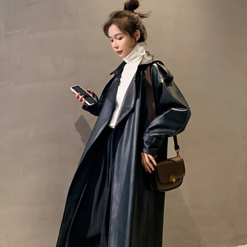 Nerazzurri Spring Black Oversized Long Waterproof Leather Trench Coat for Women 2022 Long Sleeve Loose Korean Fashion Clothing enlarge