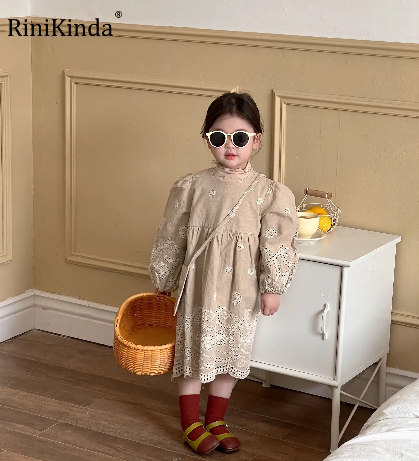

Осеннее платье для девочек rinikind 2022, детское милое платье принцессы с цветочным принтом, с круглым вырезом, с поясом, детская одежда для мален...