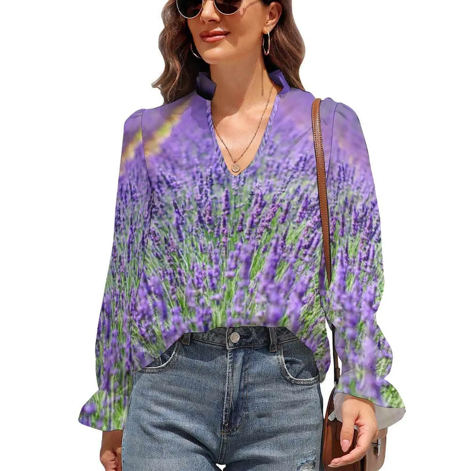

Lavender Chiffon Blouse V Neck Nature Purple Flowers Aesthetic Blouses Autumn Puff Sleeve Casual Shirt Women Print Tops Gift