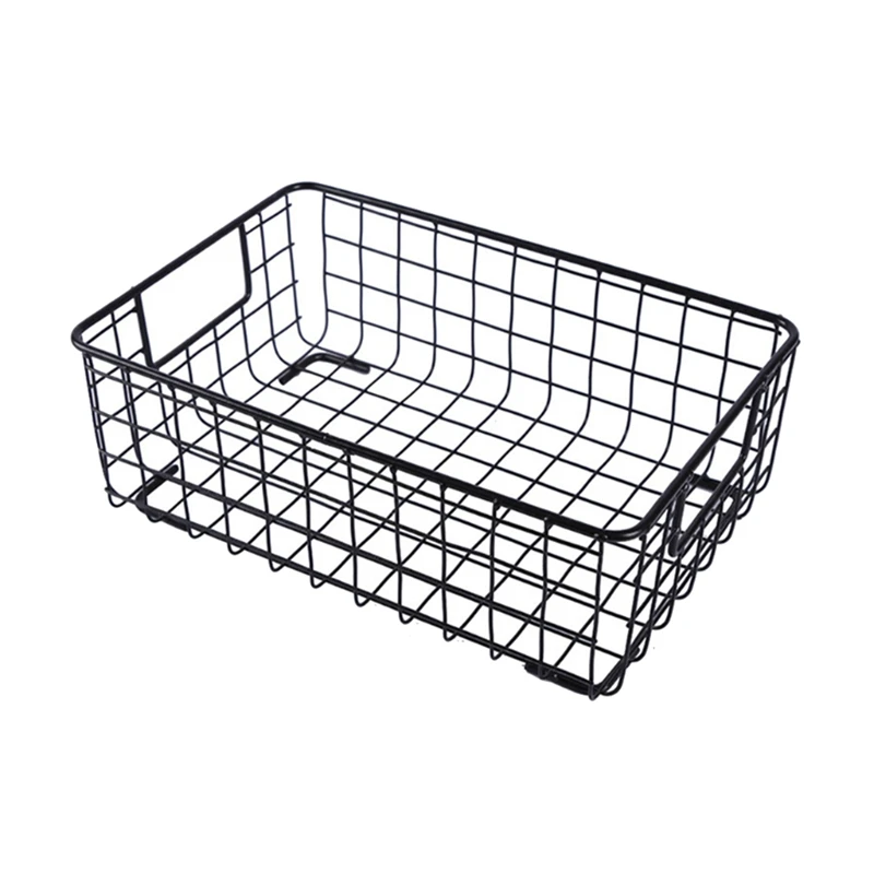 

4X Creative Metal Wire Storage Basket With Handle Wrought Iron Sundries Container Kitchen Black