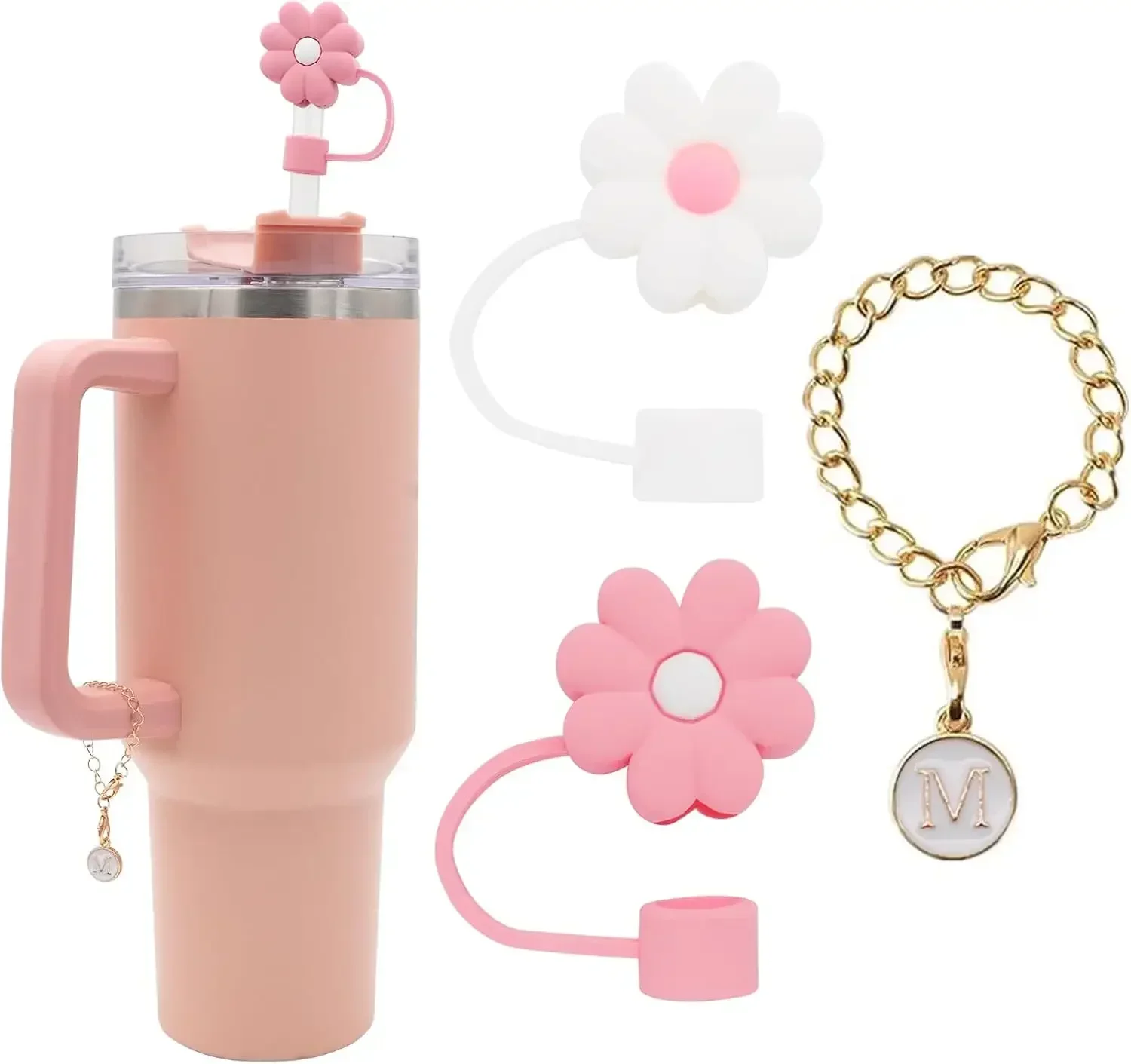 

3 шт. соломенная крышка для стаканов Stanley Cup 30, 40 унций, аксессуары, 10 мм, силиконовая соломенная крышка с цветком и подвеской в виде начальной буквы