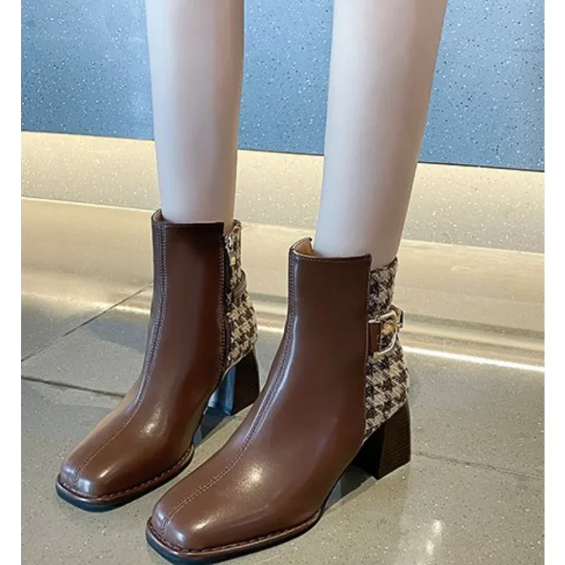 

Women's natural PU leather thick med heel round toe elastic slip-on autumn chelsea boots casual female short ankle boot