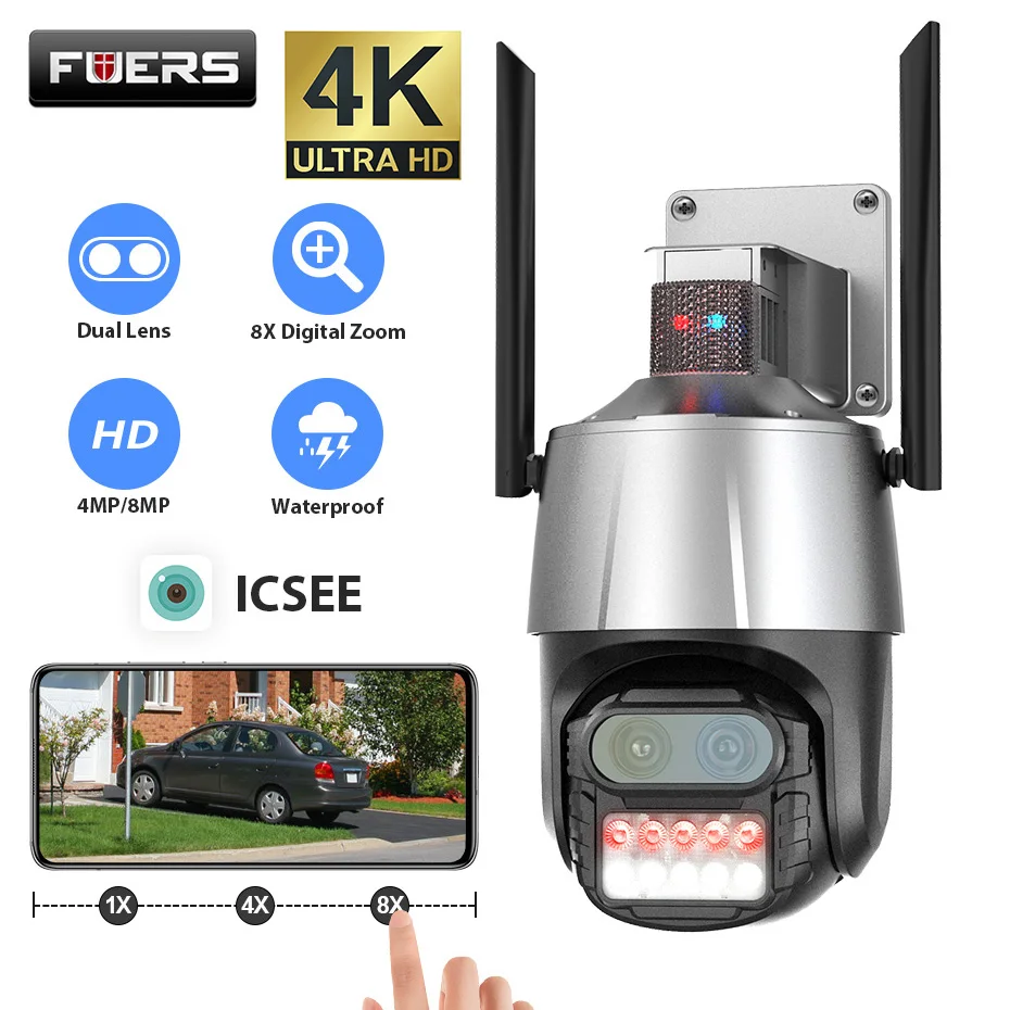 FUERS 8MP 4K Наружная камера WIFI с сиреной и сигнализацией, двойной объектив 8X Zoom PTZ, купольная скоростная камера Ai, автоматическое отслеживание, IP-...