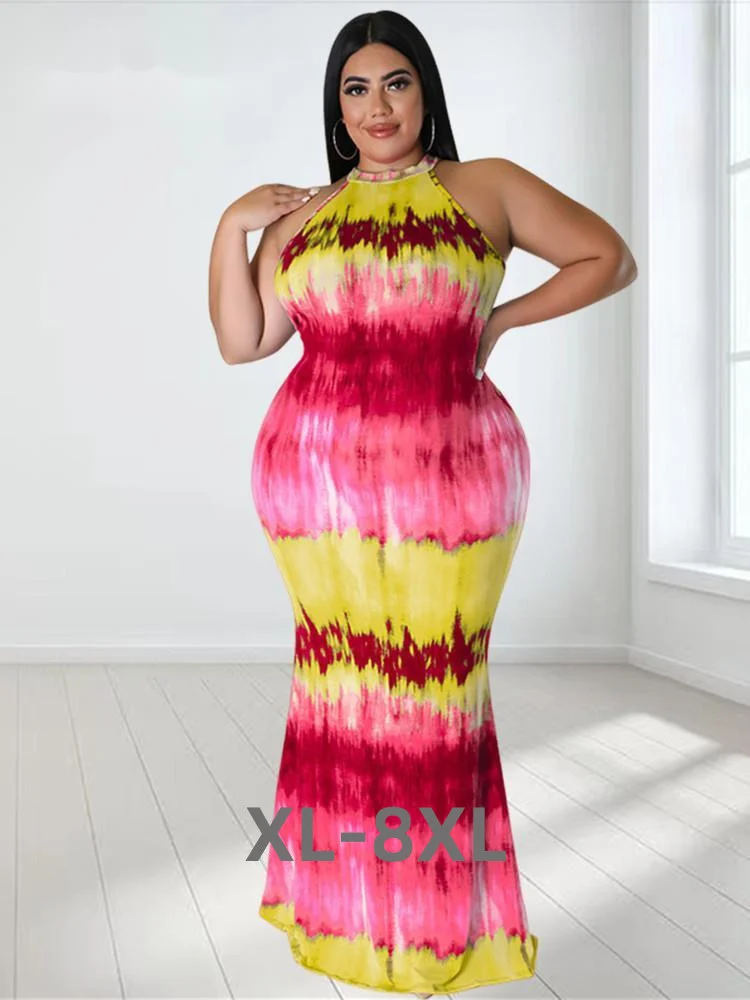 Plus Size Dress Women New in Summer Fashion Tye Die Sleeveless Maxi Long Dress Hip Wrap Sexy Women Who 3xl 4xl 5xl 6xl