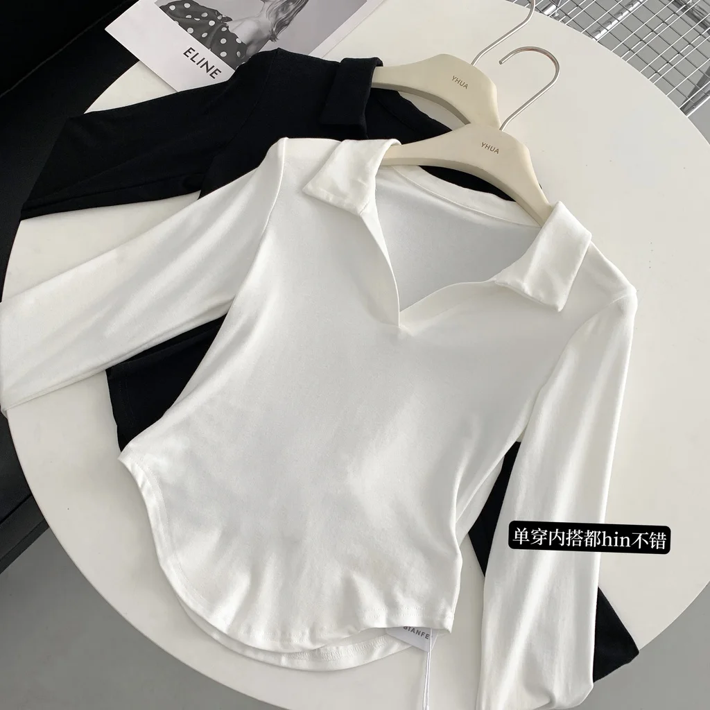 

Cotton Versatile Slim POLO Collar Crop Top for Women Fashion Autumn Solid Colours Long Sleeve T Shirt