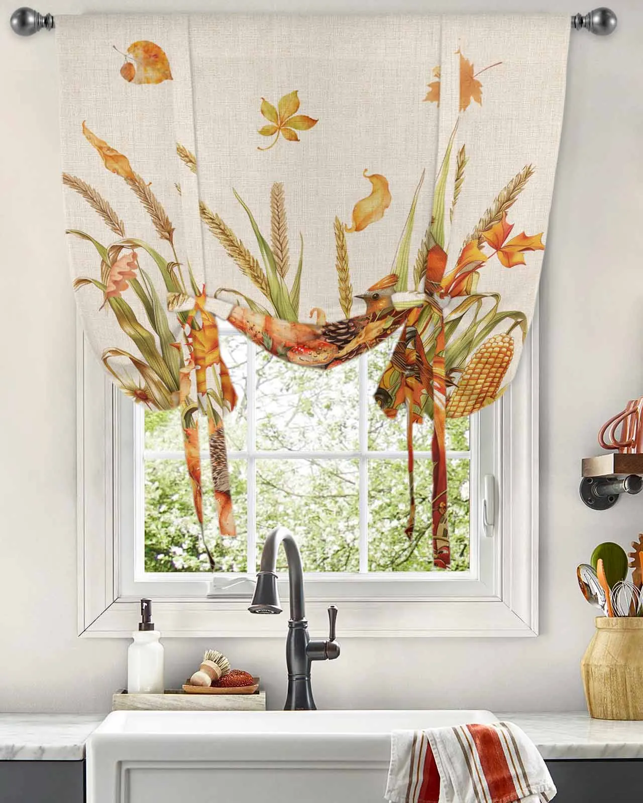 Осенняя занавеска с изображением тыквы пшеницы ушей Ежика оконная для гостиной