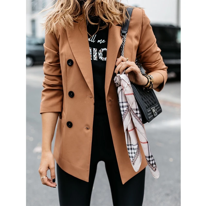 Solid Jackets Black Lapel Long Sleeves Button Office Lady Khaki Business Suits Blazer Spring Women Double Breasted Blazer Coats