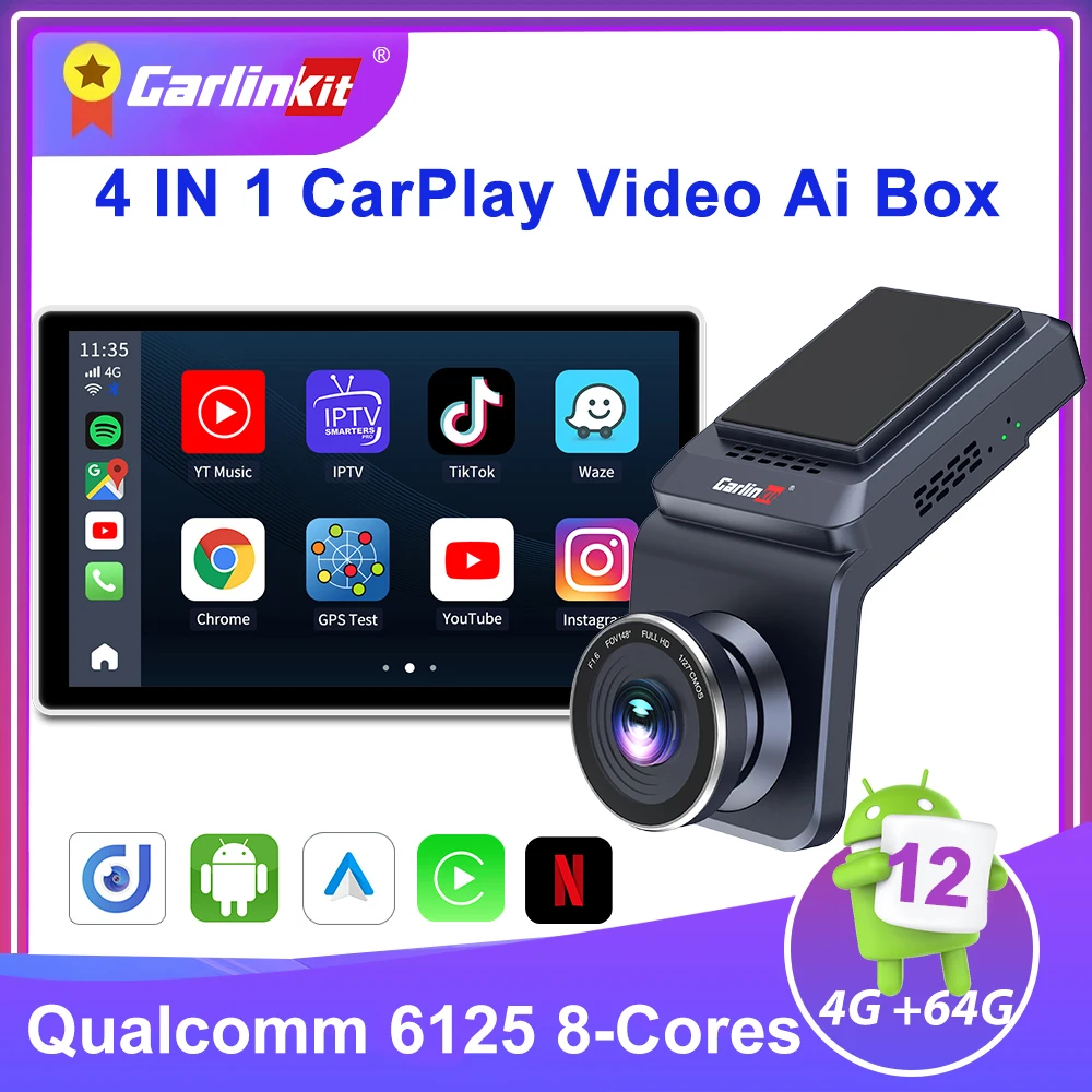 

4 IN 1 CarlinKit YouTube Apple CarPlay Dash Cam Ai Box Wireless Android Auto &CarPlay Box1080P GPS 4G LTE Qualcomm 8-core 4G+64G