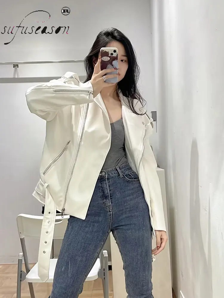 Belt Motorcycle Leather Jackets for Winter Women PU Black Leather Coat Heavy White Casual 2022 New In Clothing Traf Za  Stylish