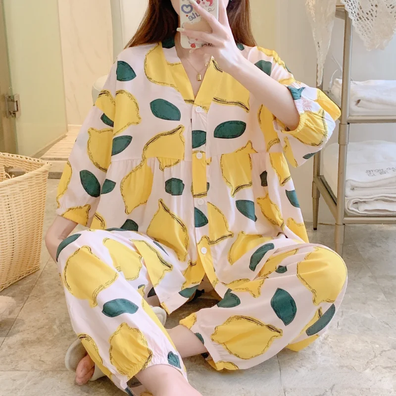2023 New Women Pajama Sets 3/4 Sleeves Cotton Big Size Pijamas for Women Two-piece Set Elegant Loungewear Night Wears for Women