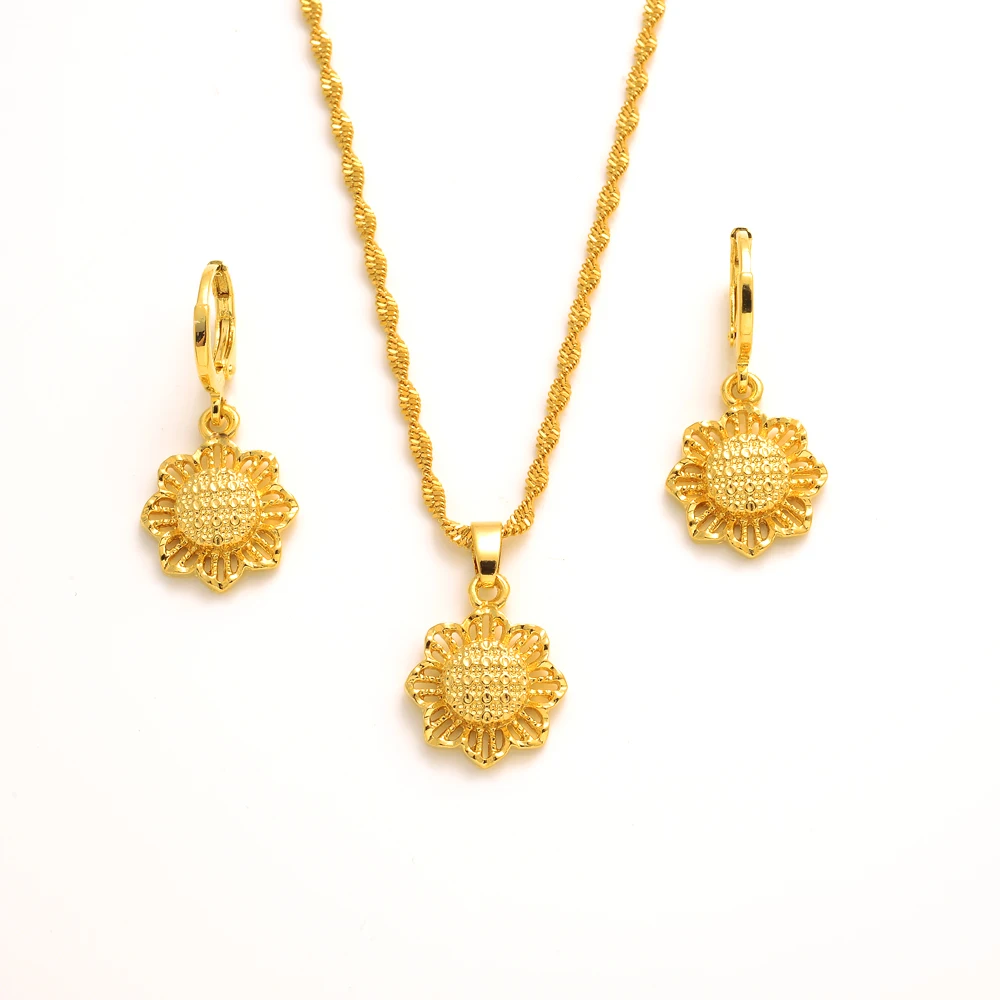 Dubai 18K Gold Plated Sun Flower Wedding Gift Pendant Necklace Earring Bridal Jewelry Sets Jewellery Set for Women